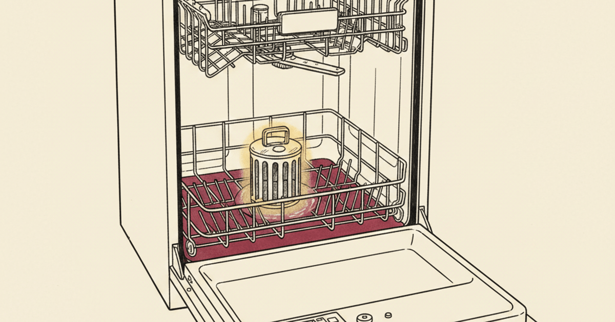 Illustrated open dishwasher with both racks visible, dirty water pooled in the tub floor, the cylindrical mesh filter highlighted in gold at the back center; the detergent dispenser and rinse-aid cap are visible on the open door.