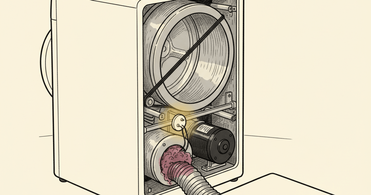 Illustrated front-loading electric dryer with rear access panel removed; through the opening the drum back, drive motor, and a small white thermal fuse disc highlighted in gold are visible; the flexible vent duct exits the bottom with a lint clog rendered in burgundy.