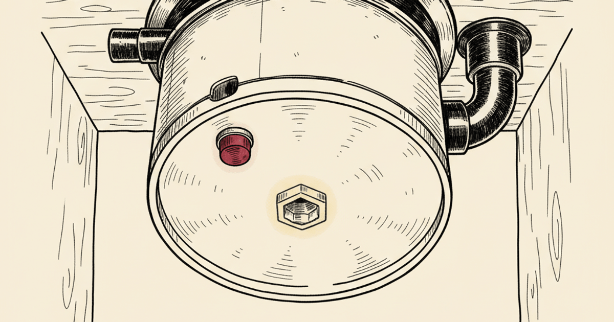 Illustrated view from inside an under-sink cabinet looking straight up at the bottom face of a garbage disposal canister; the hex socket sits at the center of the bottom face highlighted in gold, and a small red reset button is offset from center on the same bottom face.