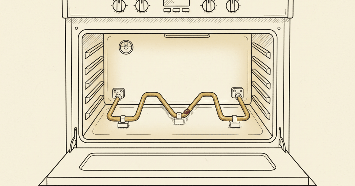 Illustrated electric oven viewed straight on with door open and racks removed; the M-shaped bake element lies flat on the cavity floor, highlighted in gold, with a burgundy burn spot on one segment.