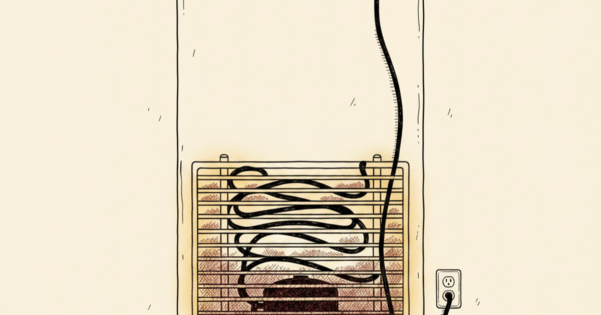 Illustrated view from behind a top-mount refrigerator pulled away from the kitchen wall; the serpentine condenser coil grid on the rear panel is highlighted in gold with burgundy hatching showing matted-in dust, and the power cord snakes down to a wall outlet.